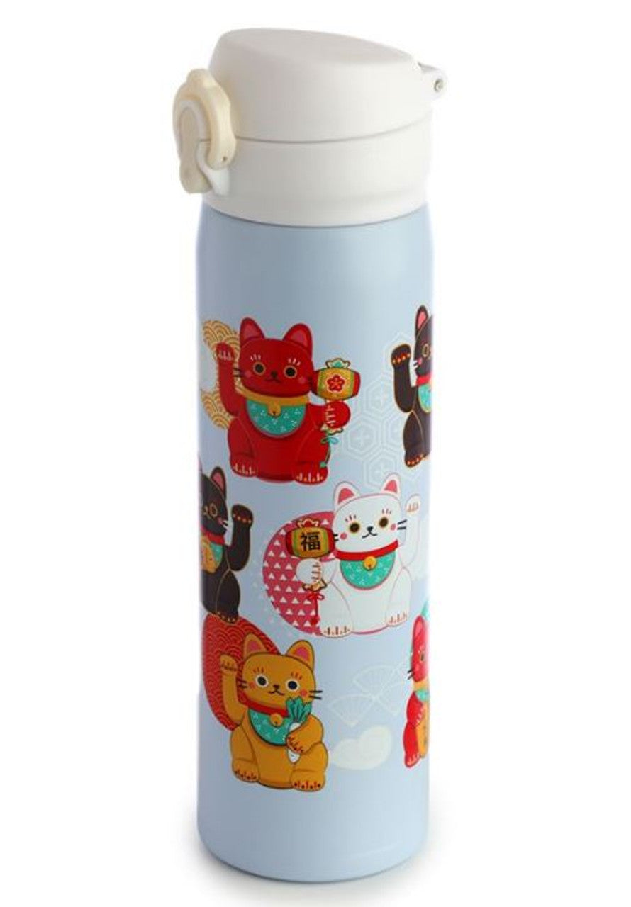 Drinkfles Maneki Neko - (Thermofles RVS) met push button dop