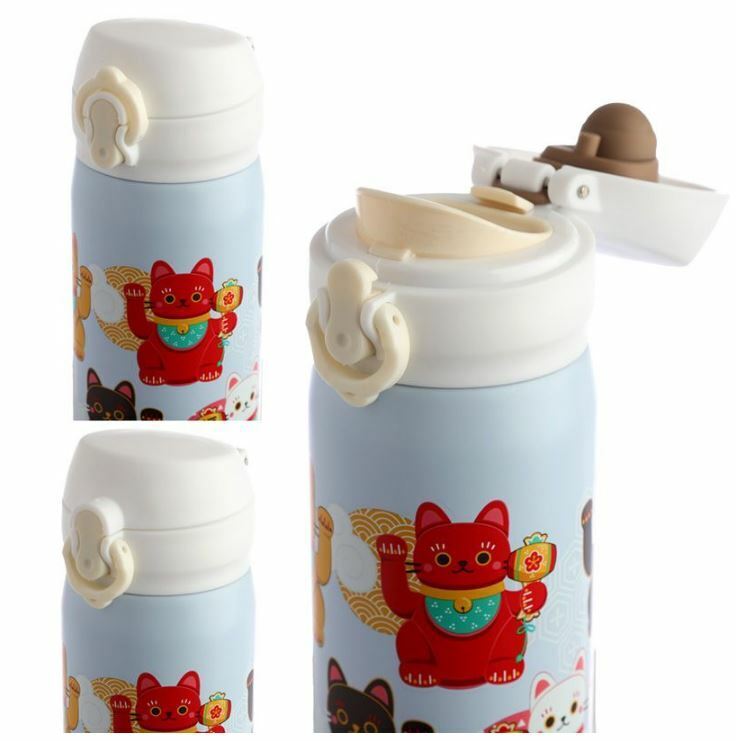 Drinkfles Maneki Neko - (Thermofles RVS) met push button dop