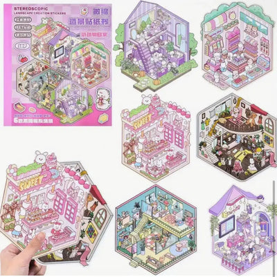 BYO Kawaii Sticker World - Pink Scene Collection Book (6 scenes) - DIY Sticker Scene Set