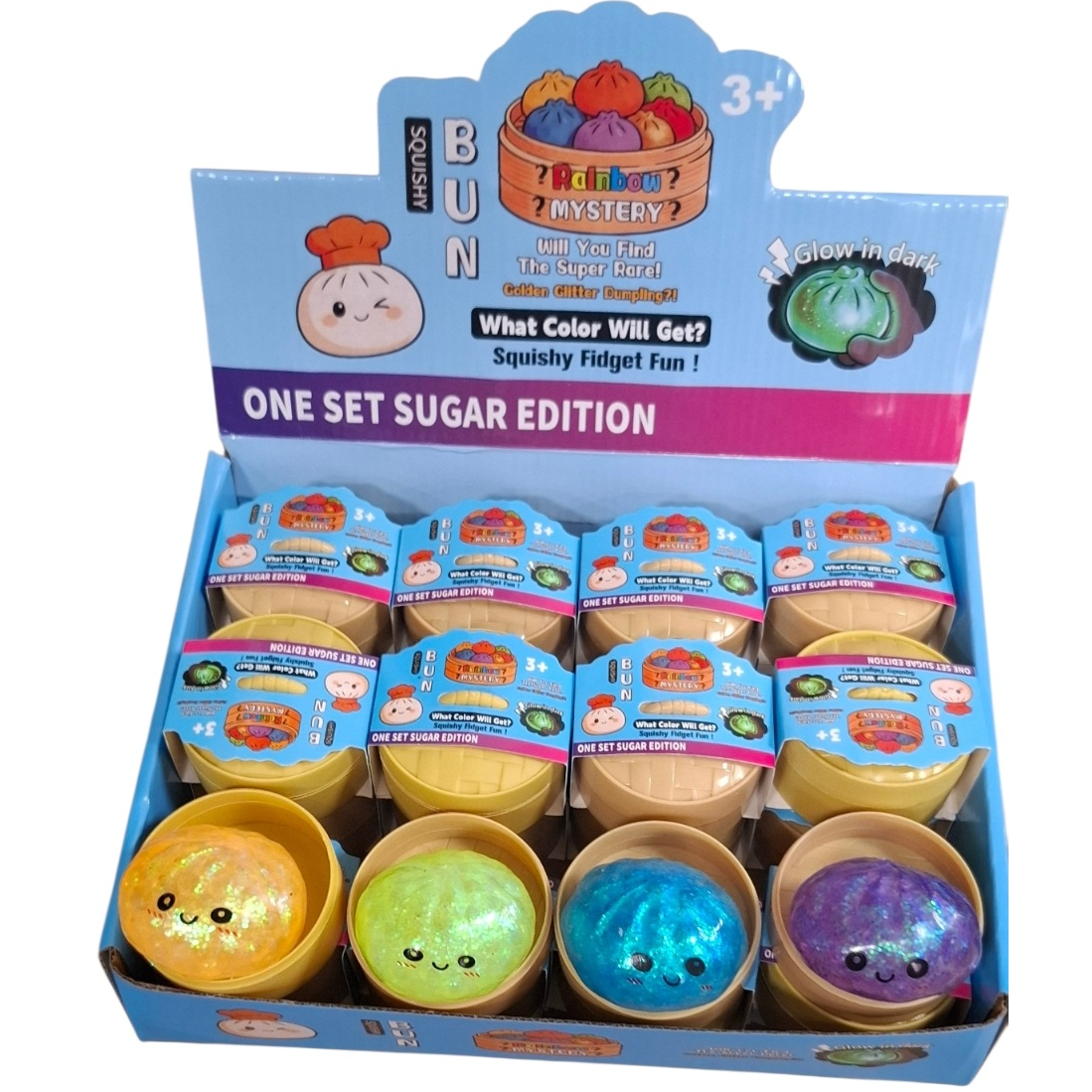 Mini 5,5 cm Glow In The Dark Glitter Squishy Dumpling - 1x Surprise kleur Squeezy